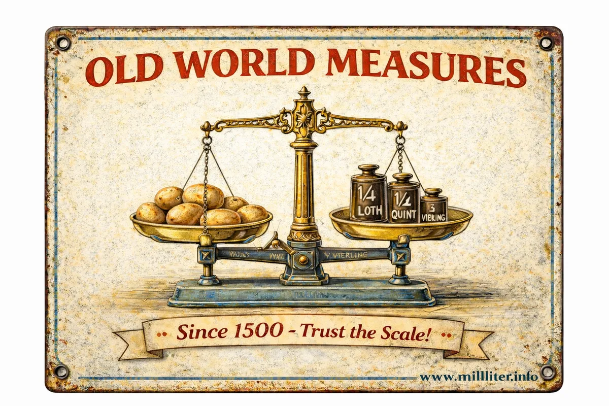 Retro-Blechschild: Alte Maße - historische Balkenwaage mit Gewichten