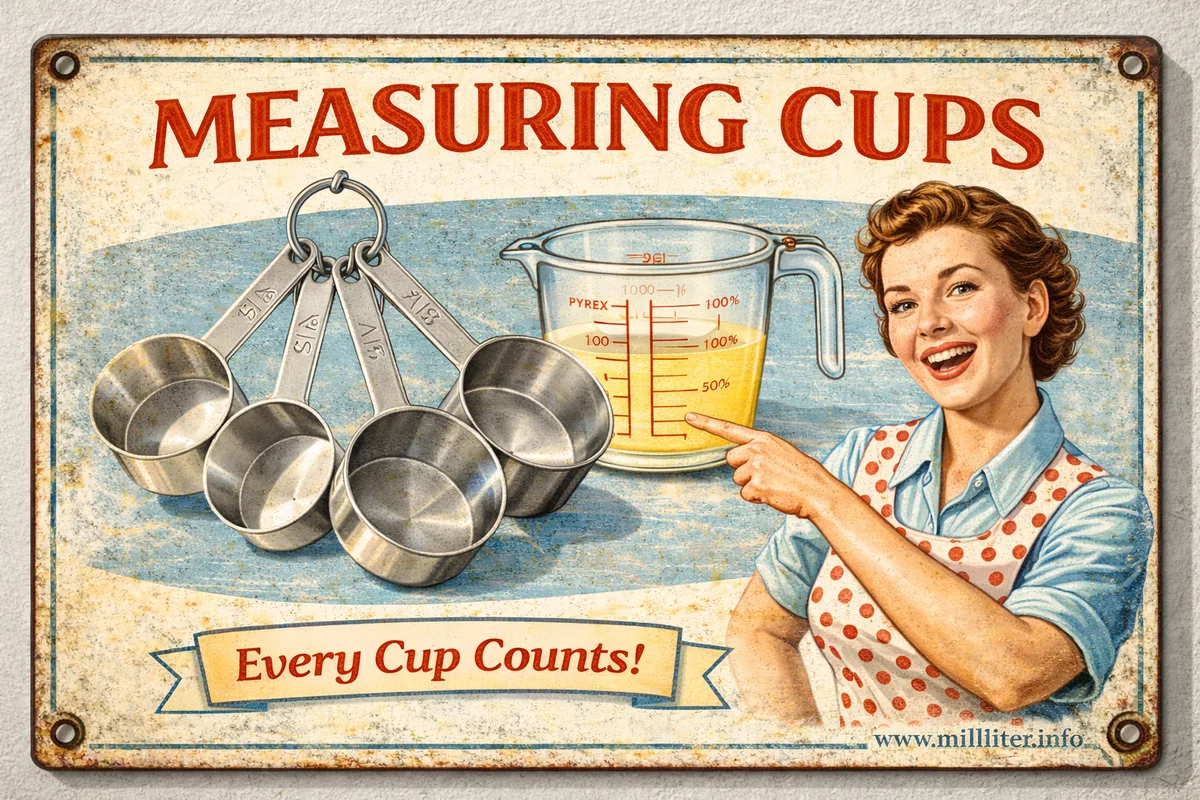 Retro-Blechschild: Cup Measuring Set - Messbecher und Messlöffel im 1950er-Jahre-Stil