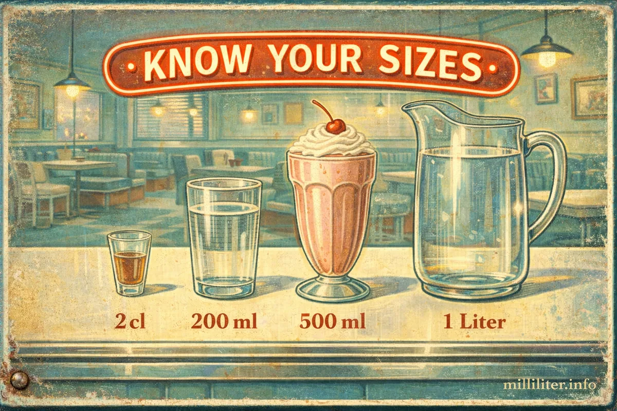 Retro-Diner-Illustration: Getränke in verschiedenen Glasgrößen