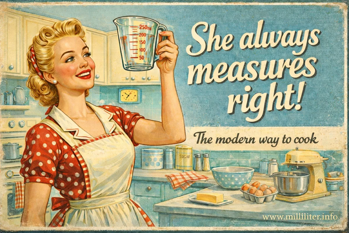 Retro tin sign: 1950s housewife with measuring cups - What is 1 Cup?