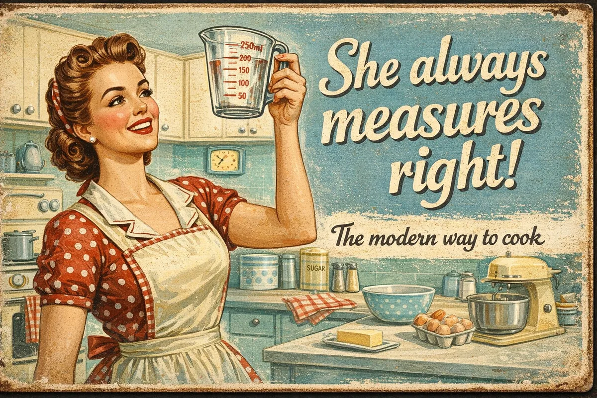 Retro-Werbeposter: Hausfrau mit Messbecher in der Küche
