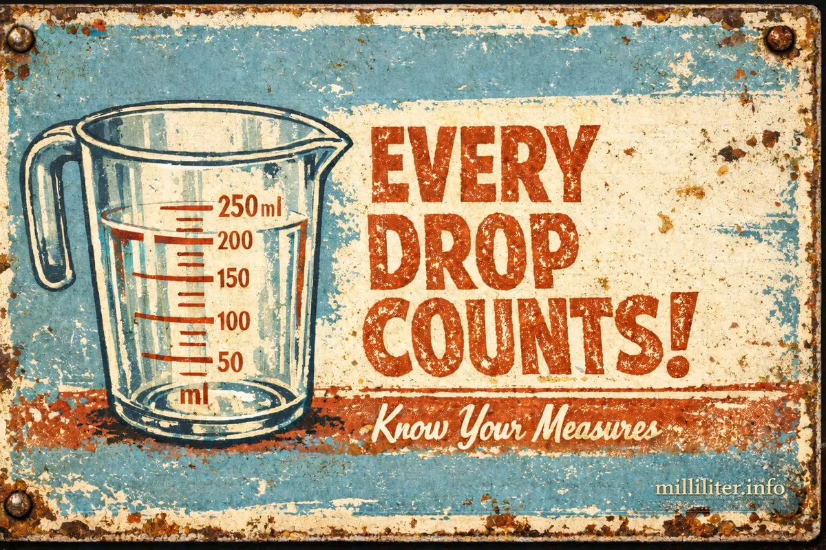 Retro-Blechschild: Every Drop Counts - Messbecher mit ml-Skala