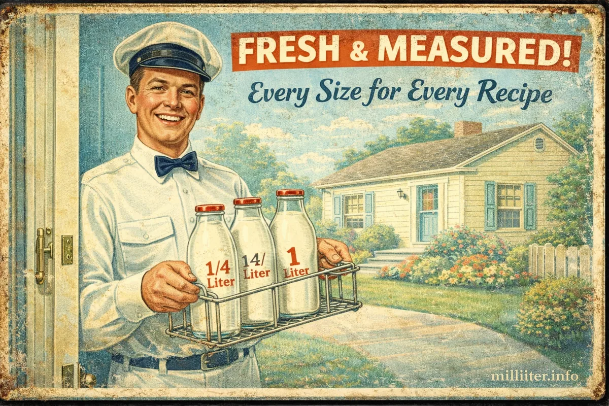 Retro-Werbeposter: Milchmann mit Glasflaschen in verschiedenen Größen