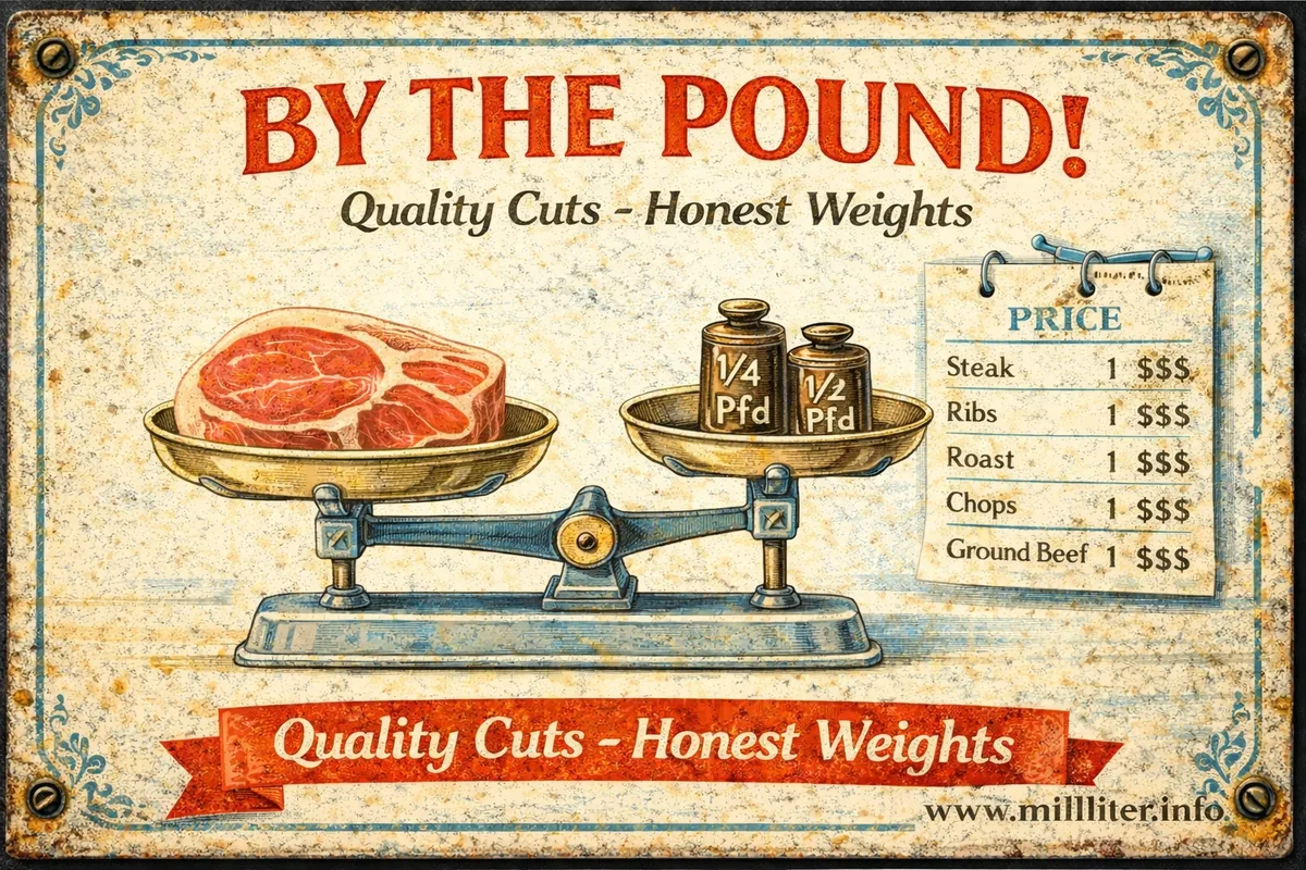 Retro-Blechschild: By The Pound - Metzgerei-Waage mit Gewichten