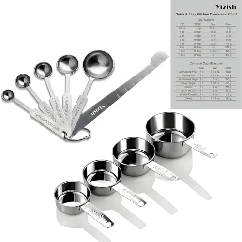 Yizish Edelstahl Messbecher und Löffel mit Meßlineal, Küche Umrechnungstabelle Set von 10 Für Trockene und Flüssige Zutaten