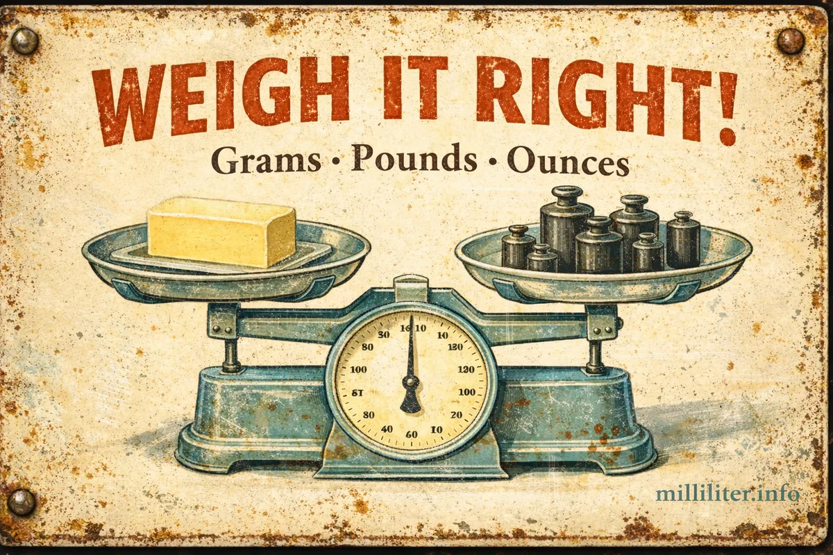 Retro-Blechschild: Küchenwaage mit Butter und Gewichten